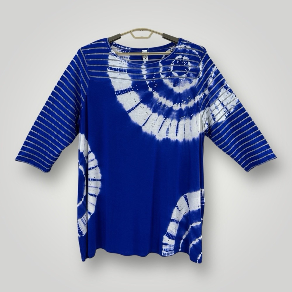 Thomas & Olivia Tie Dye Tunic Womans 3X Royal Blue 3/4 Sleeve Tiny Rhinestones‎